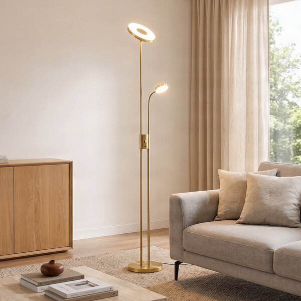 Lindby LED stoječa svetilka Seppa, okrogla, medenina, kovina, 180 cm, zatemnjen, Zlata / medeninasta, Dnevna soba / jedilnica, Kovina, Sodobni, Svetilka za branje