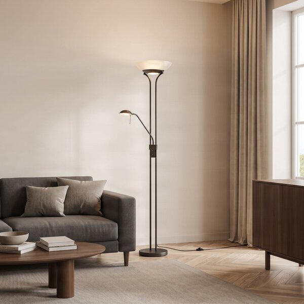 Lindby LED-stoječa svetilka Yveta, rjave barve, za branje, z možnostjo, zatemnjen, Rjava / rjasta, Dnevna soba / jedilnica, Kovina, Podeželska hiša / Rustikalna, Svetilka za branje