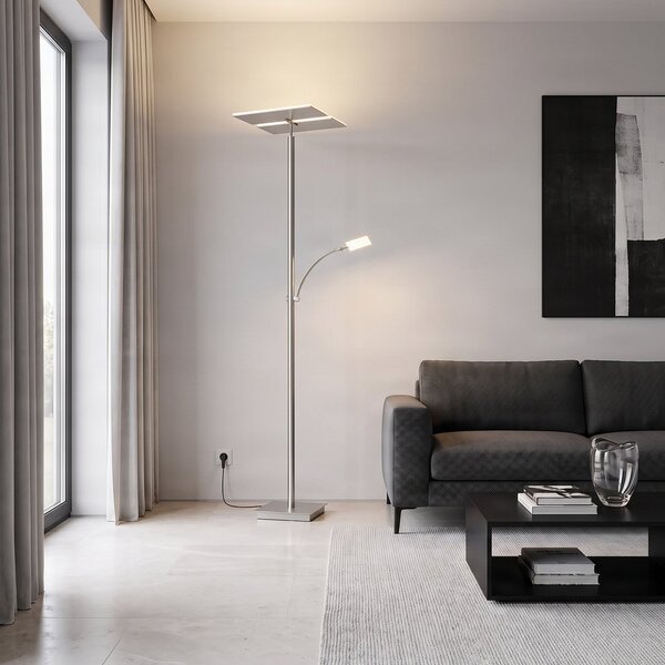 Lucande LED-stojna svetilka Parthena, nikelj, kovina, 180 cm, zatemnjen, Siva, Dnevna soba / jedilnica, Kovina, Sodobni