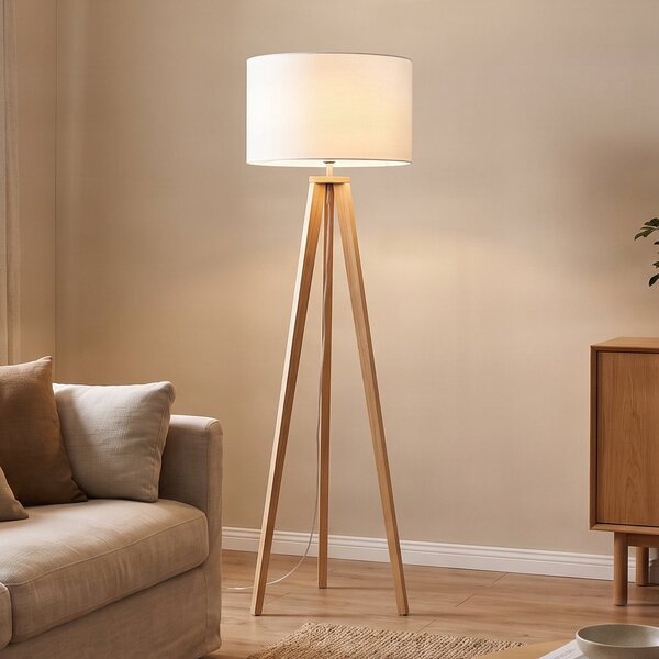 Lindby Talna svetilka Charlia, bela, les, višina 150 cm, Bela, Dnevna soba / jedilnica, Tkanine / tekstil, Skandinavski, Tripod