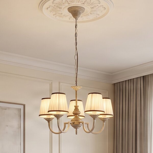 Lindby lestenec Lumiel, 5flg., smetana/medenina, tekstil, zatemnjen, Bronasta / starinska medenina, Dnevna soba / jedilnica, Tkanine / tekstil, Podeželska hiša / Rustikalna, Obesek z več plameni