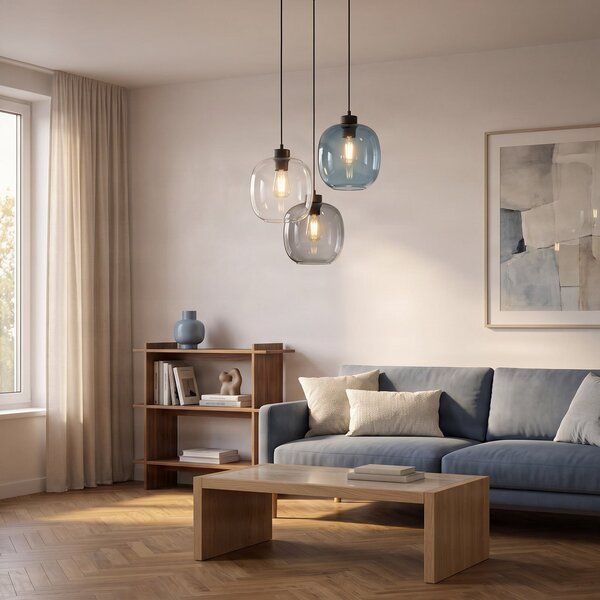 TK Lighting Elio viseča svetilka, steklo, modra/čista/siva, Ø 52 cm, 3-svetlobna, zatemnjen, Prozorna, Dnevna soba / jedilnica, Steklo, Sodobni, Obeski v svežnju