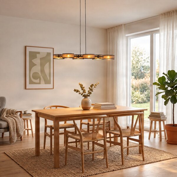 EMIBIG LIGHTING Visoka svetilka DRUMZ, rjava, dolžina 100 cm, 6-žarilna, tekstil, E14, zatemnjen, Rjava / rjasta, Dnevna soba / jedilnica, Tkanine / tekstil, Sodobni