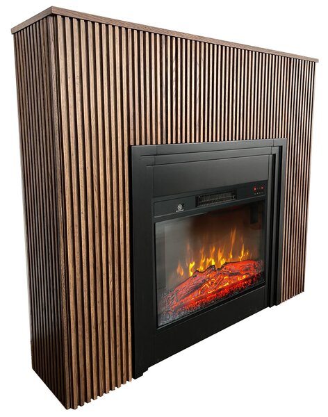 Sodobni električni kamin z lesena letvica, ElectricSun LAMELIA, Temni hrast, z ogrevanjem, 3-barvnim plamenom, z zvokom, daljinskim upravljalnikom in