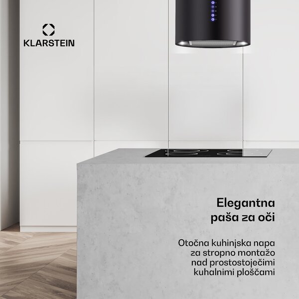 Klarstein Beretta, otočna napa, Ø35cm, recirkulacija, 650m³/h, LED, črna