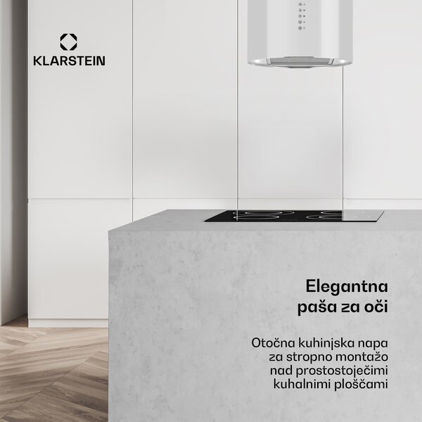 Klarstein Beretta, otočna napa, Ø35cm, recirkulacija, 650m³/h, LED, bela