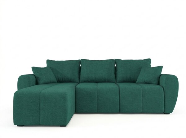 AKCIJA Raztegljiva dvostranska sedežna garnitura v obliki črke L SEVIO 246x145 cm, steklenično zelena + 2 blazinici BREZPLAČNO II. kakovost