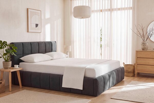 OBLAZINJENA POSTELJA 140 cm x 200 cm , les, kovina, tekstil siva