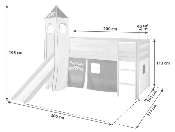 MID.YOU Igralna Postelja Kasper, 90x200, Črna, Tobogan, Stolp