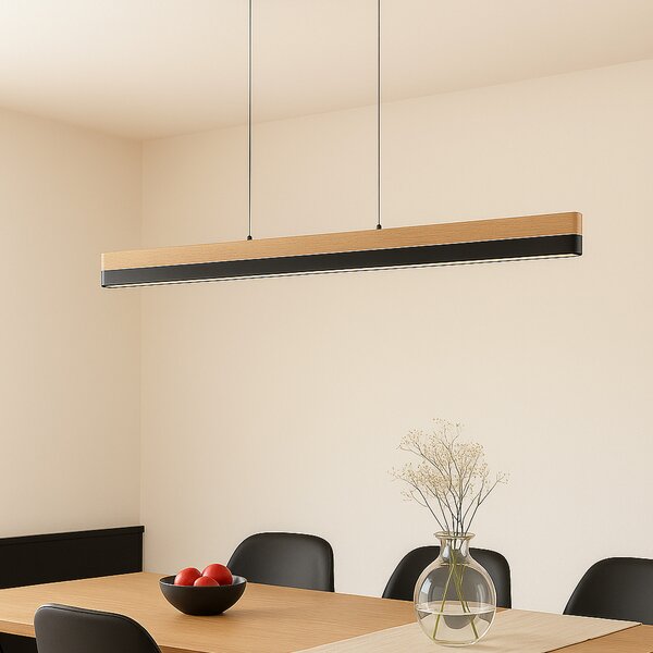 Lucande LED-visoka svetilka Holven, les, CCT, dolžina 113 cm, zatemnjen, Les, Dnevna soba / jedilnica, Les, Sodobni
