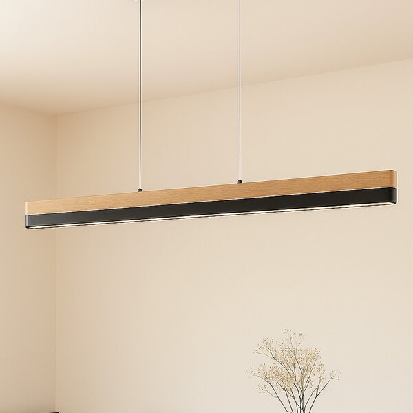 Lucande LED-visoka svetilka Holven, les, CCT, dolžina 113 cm, zatemnjen, Les, Dnevna soba / jedilnica, Les, Sodobni