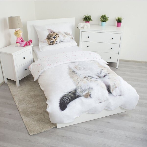 Bela enojna bombažna otroška posteljnina 140x200 cm Kitten – Jerry Fabrics