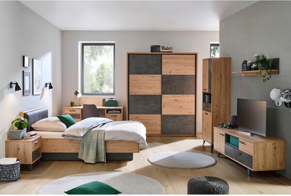 Carryhome Postelja Raven, Barva Hrasta, Temno Siva, 140x200