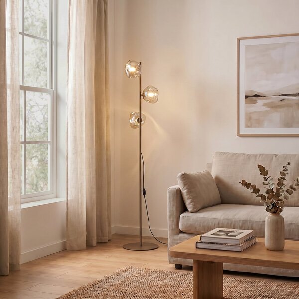 TK Lighting Stojna svetilka Lava, pesek/konjak, steklo, 151 cm, 3-žarilna, G9, Bež, Dnevna soba / jedilnica, Steklo, Sodobni