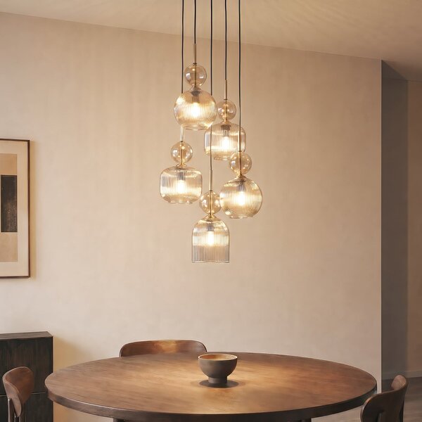 TK Lighting Visoka svetilka Sophia, 5-žarilna, Ø 37 cm, konjak/črna, E14, zatemnjen, Siva, Dnevna soba / jedilnica, Steklo, Sodobni