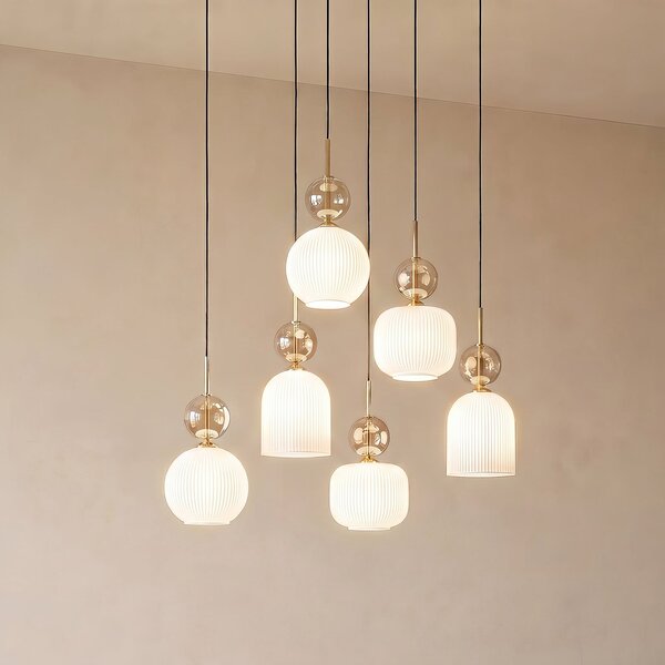 TK Lighting Visoka svetilka Sophia, 6-žarilna, bela/konjak, dolžina 65 cm, E14, zatemnjen, Bela, Dnevna soba / jedilnica, Steklo, Sodobni