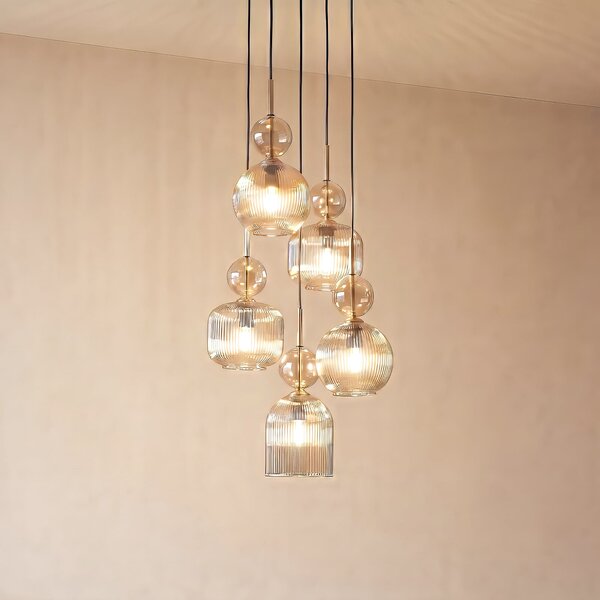 TK Lighting Visoka svetilka Sophia, 5-žarilna, Ø 37 cm, konjak/črna, E14, zatemnjen, Siva, Dnevna soba / jedilnica, Steklo, Sodobni