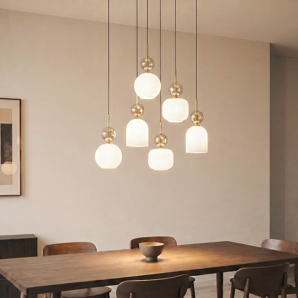TK Lighting Visoka svetilka Sophia, 6-žarilna, bela/konjak, dolžina 65 cm, E14, zatemnjen, Bela, Dnevna soba / jedilnica, Steklo, Sodobni