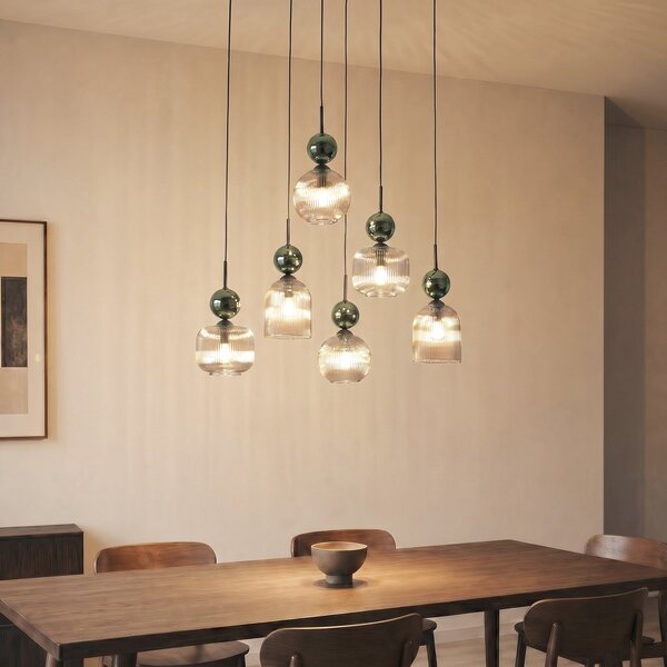 TK Lighting Visoka svetilka Sophia, 6-žarilna, konjak/zelena, dolžina 65 cm, E14, zatemnjen, Zelena, Dnevna soba / jedilnica, Steklo, Sodobni