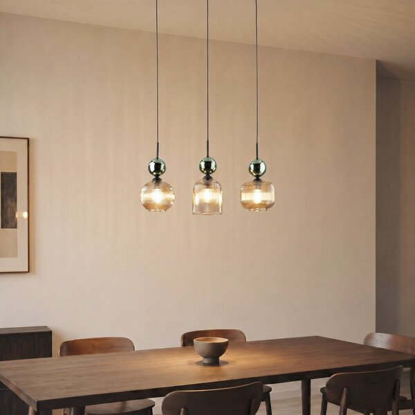 TK Lighting Visoka svetilka Sophia, s tremi žarnicami, barva konjak/zelena, dolžina 65 cm,, zatemnjen, Zelena, Dnevna soba / jedilnica, Steklo, Sodobni