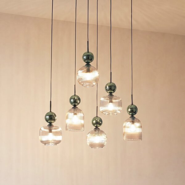 TK Lighting Visoka svetilka Sophia, 6-žarilna, konjak/zelena, dolžina 65 cm, E14, zatemnjen, Zelena, Dnevna soba / jedilnica, Steklo, Sodobni
