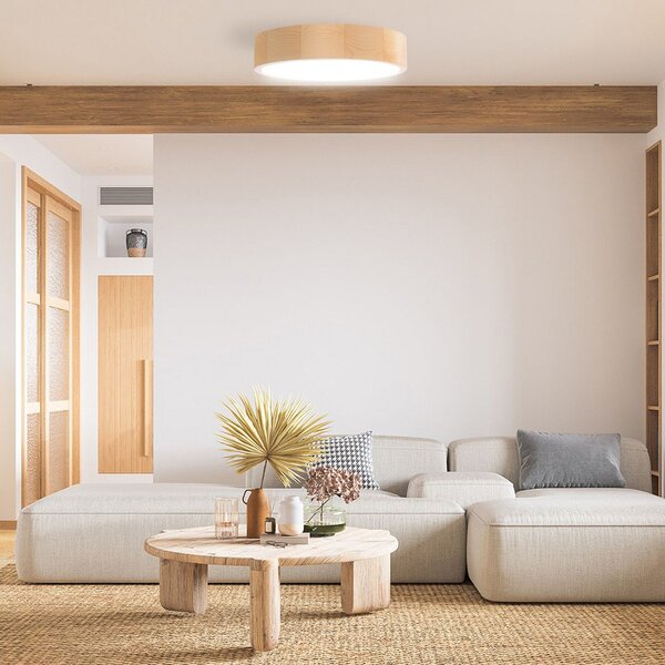 TEMAR LIGHTING Stropna svetilka Cleo DR800, borov les, Ø 80 cm, 6-svetilna, E27, zatemnjen, Les, Dnevna soba / jedilnica, Les, Sodobni