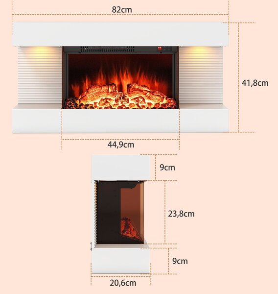 Električni kamin z grelcem, LED stranskimi lučmi in daljinskim upravljalnikom