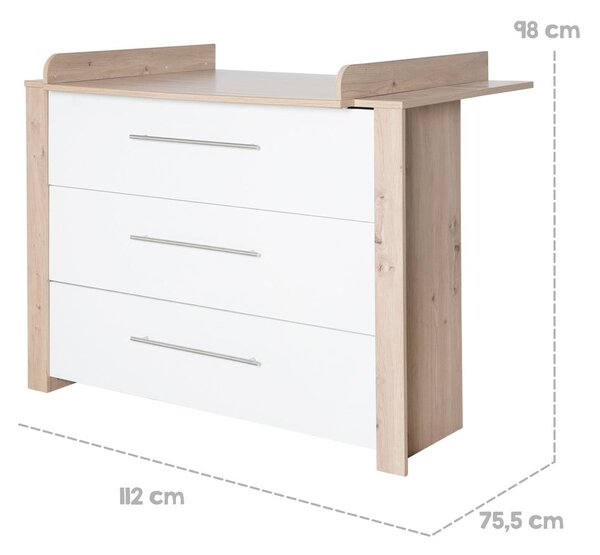 Bela/naravna nizka otroška komoda v hrastovem dekorju s previjalnim pultom 112x98 cm – Roba