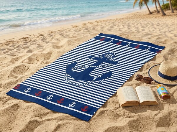 Hitrosušeča se plažna brisača MARITIMO modro-bela 70 x 140 cm, 100% mikrotkanina