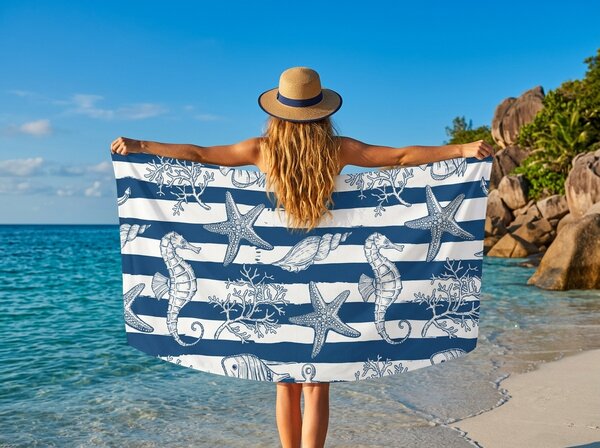 Hitrosušeča plažna brisača NAUVIA modro-bela 70 x 140 cm, 100% mikrotkanina