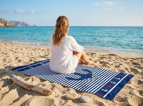 Hitrosušeča se plažna brisača MARITIMO modro-bela 70 x 140 cm, 100% mikrotkanina