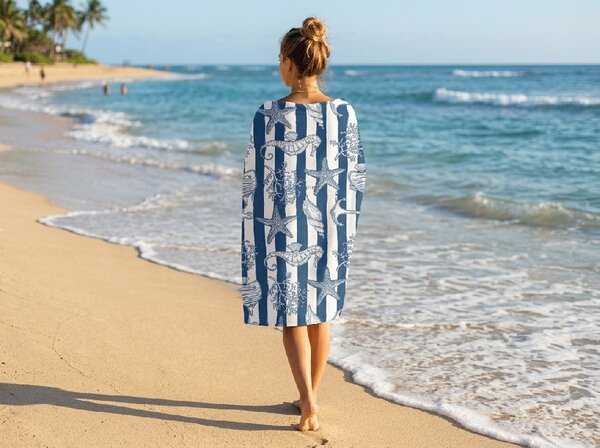 Hitrosušeča plažna brisača NAUVIA modro-bela 70 x 140 cm, 100% mikrotkanina