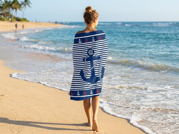 Hitrosušeča se plažna brisača MARITIMO modro-bela 70 x 140 cm, 100% mikrotkanina