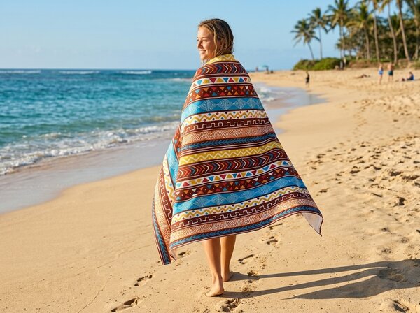 Hitrosušeča XXL pisana plažna brisača AZTECA 150 x 210 cm, 100% mikrotkanina