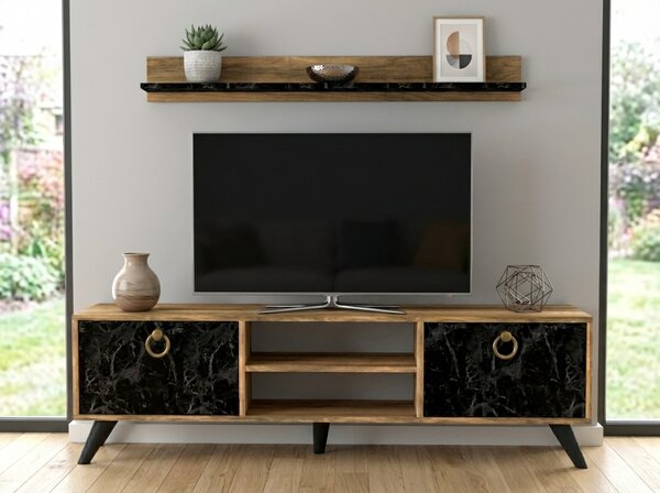 TV omarica ZEN 160 cm z zidno polico, dekor oreh/črni marmor