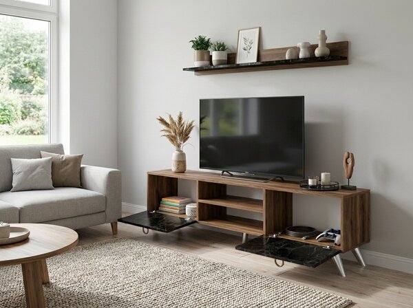 TV omarica ZEN 160 cm z zidno polico, dekor oreh/črni marmor