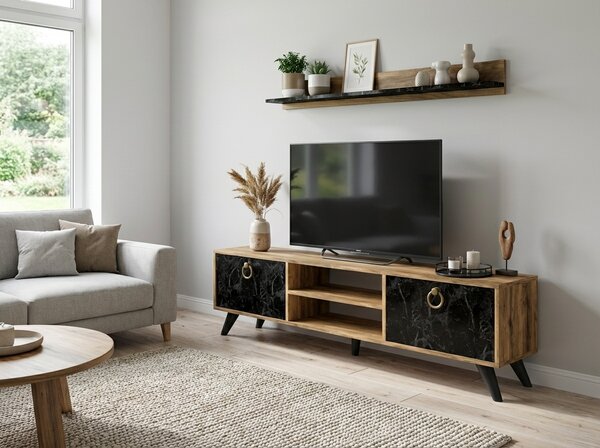 TV omarica ZEN 160 cm z zidno polico, dekor oreh/črni marmor