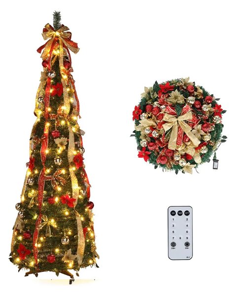 Merrypine™ Zložljivo Vnaprej Okrašeno Božično Drevo, Rdeča/Zlata