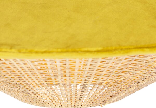 Rustikalna viseča svetilka rumena žametna z ratanom 60 cm - Frills Can