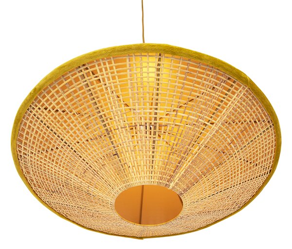 Rustikalna viseča svetilka rumena žametna z ratanom 60 cm - Frills Can