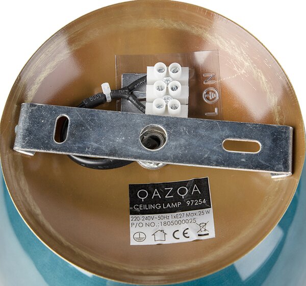 Art Deco stropna svetilka medenina z oceansko modrim steklom - Pallon