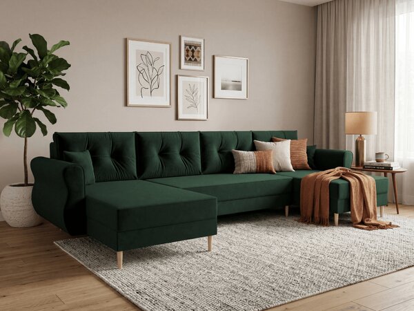 Temno zelena raztegljiva sedežna garnitura v obliki U SILVIANO, 300x140 cm + 2 blazini GRATIS
