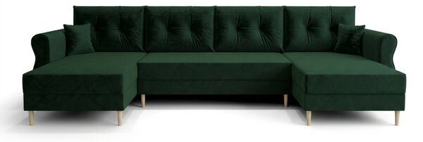 Temno zelena raztegljiva sedežna garnitura v obliki U SILVIANO, 300x140 cm + 2 blazini GRATIS