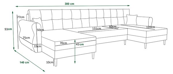 Temno zelena raztegljiva sedežna garnitura v obliki U SILVIANO, 300x140 cm + 2 blazini GRATIS