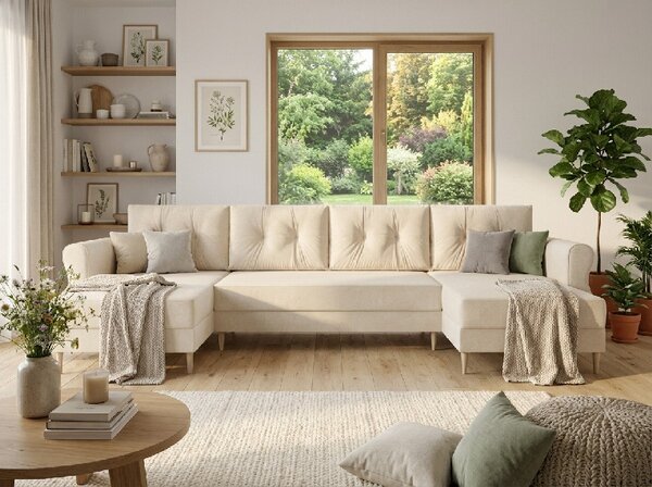 Kremna raztegljiva sedežna garnitura v obliki U SILVIANO, 300x140 cm + 2 blazini GRATIS
