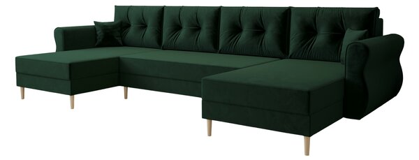 Temno zelena raztegljiva sedežna garnitura v obliki U SILVIANO, 300x140 cm + 2 blazini GRATIS