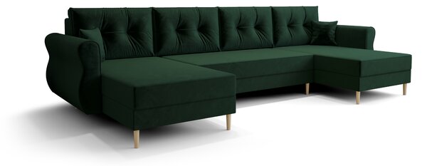 Temno zelena raztegljiva sedežna garnitura v obliki U SILVIANO, 300x140 cm + 2 blazini GRATIS