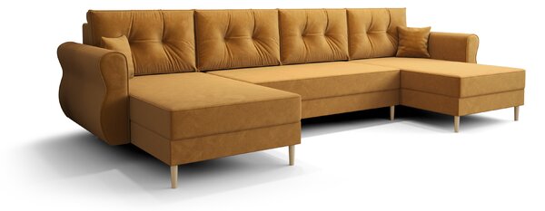 Gorčična raztegljiva sedežna garnitura v obliki U SILVIANO, 300x140 cm + 2 blazini GRATIS
