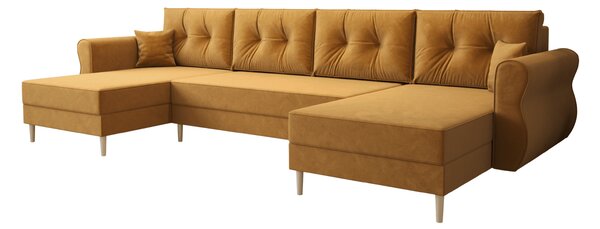 Gorčična raztegljiva sedežna garnitura v obliki U SILVIANO, 300x140 cm + 2 blazini GRATIS