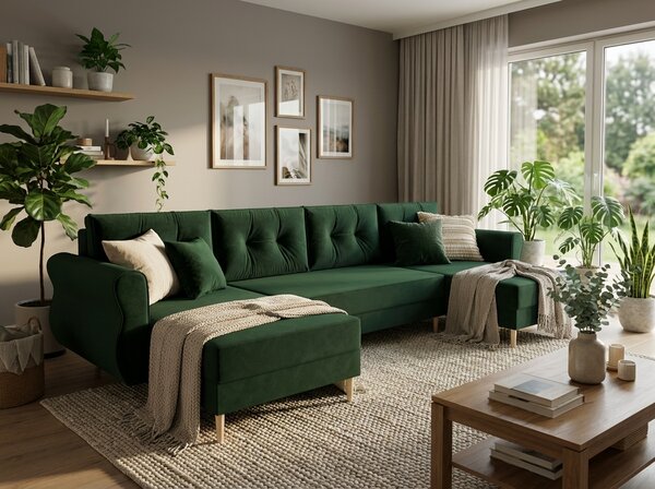 Temno zelena raztegljiva sedežna garnitura v obliki U SILVIANO, 300x140 cm + 2 blazini GRATIS